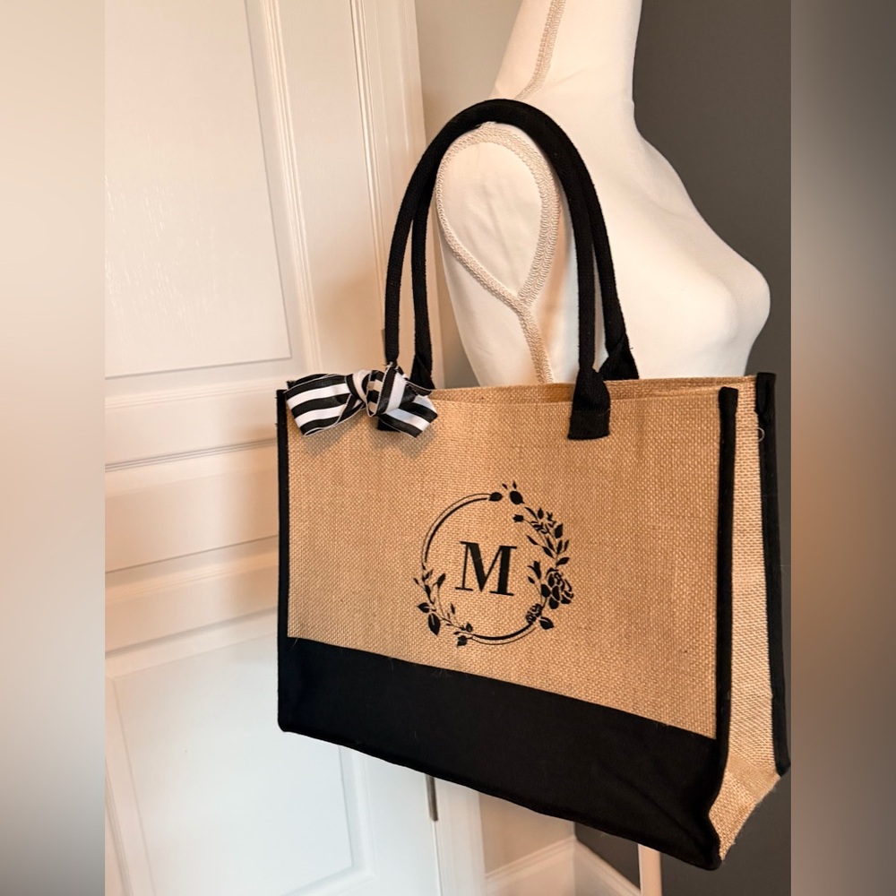 Monogrammed M Black and Tan Burlap Tote Bag